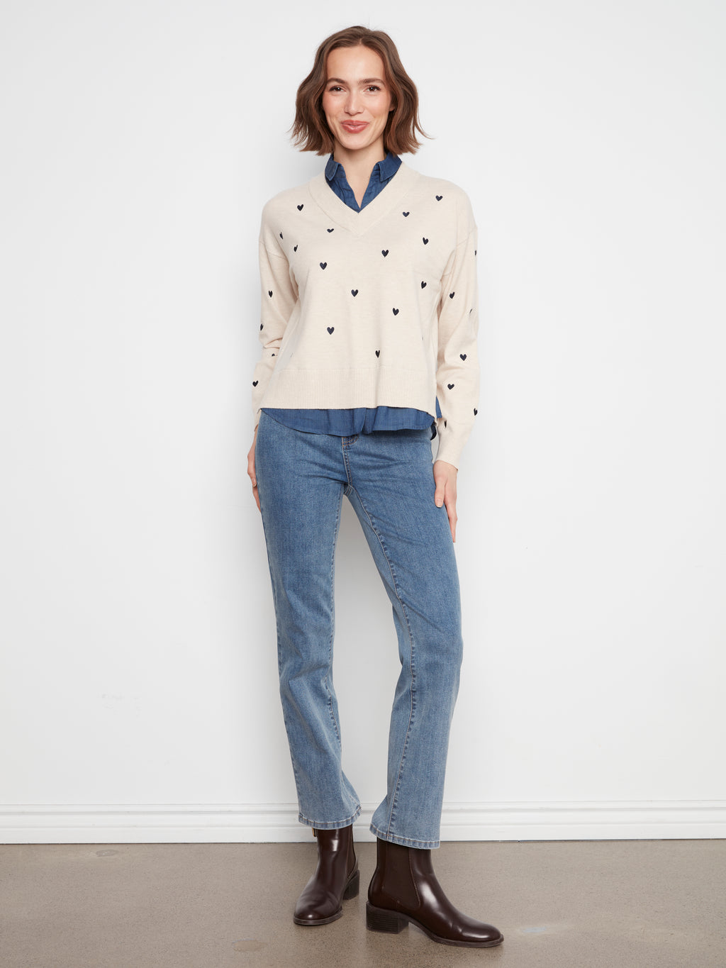 Layered Fooler Shirt Sweater with Embroidered Hearts