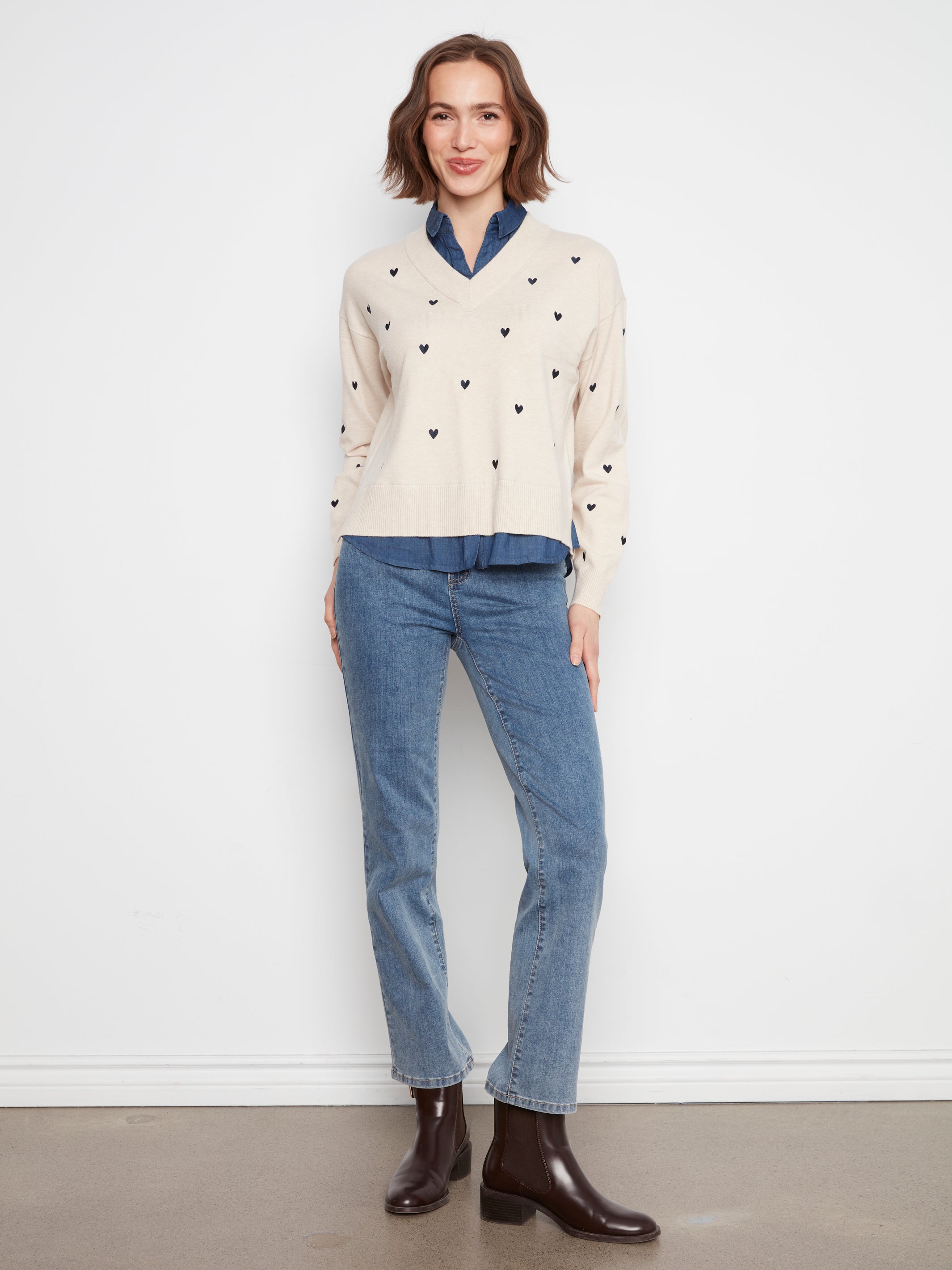 Layered Fooler Shirt Sweater with Embroidered Hearts