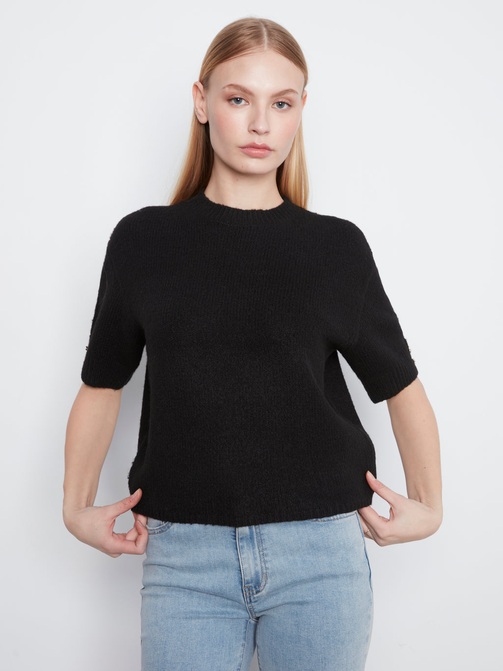 Elbow Sleeve Mock Neck Sweater with Button Detail