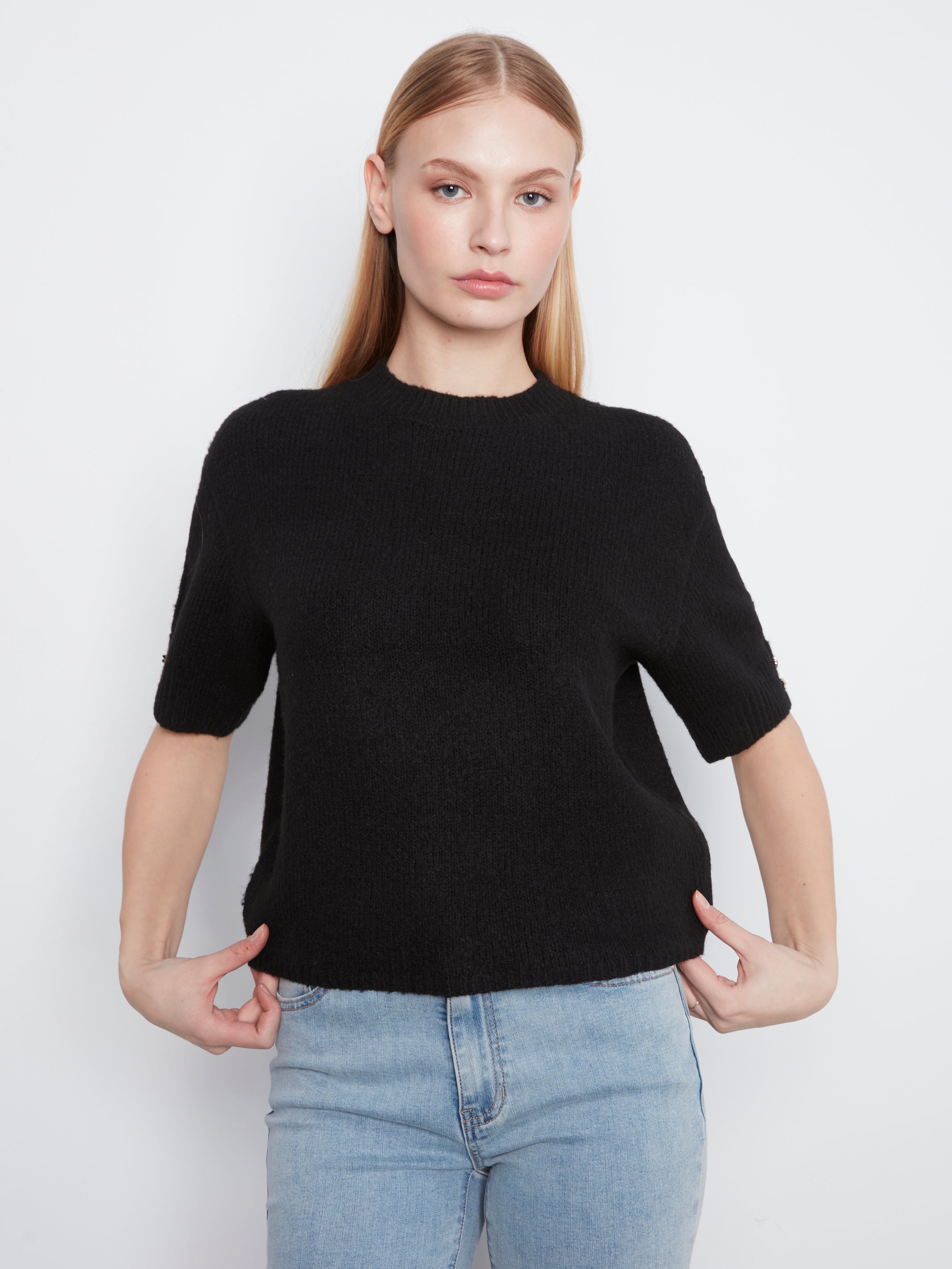 Elbow Sleeve Mock Neck Sweater with Button Detail