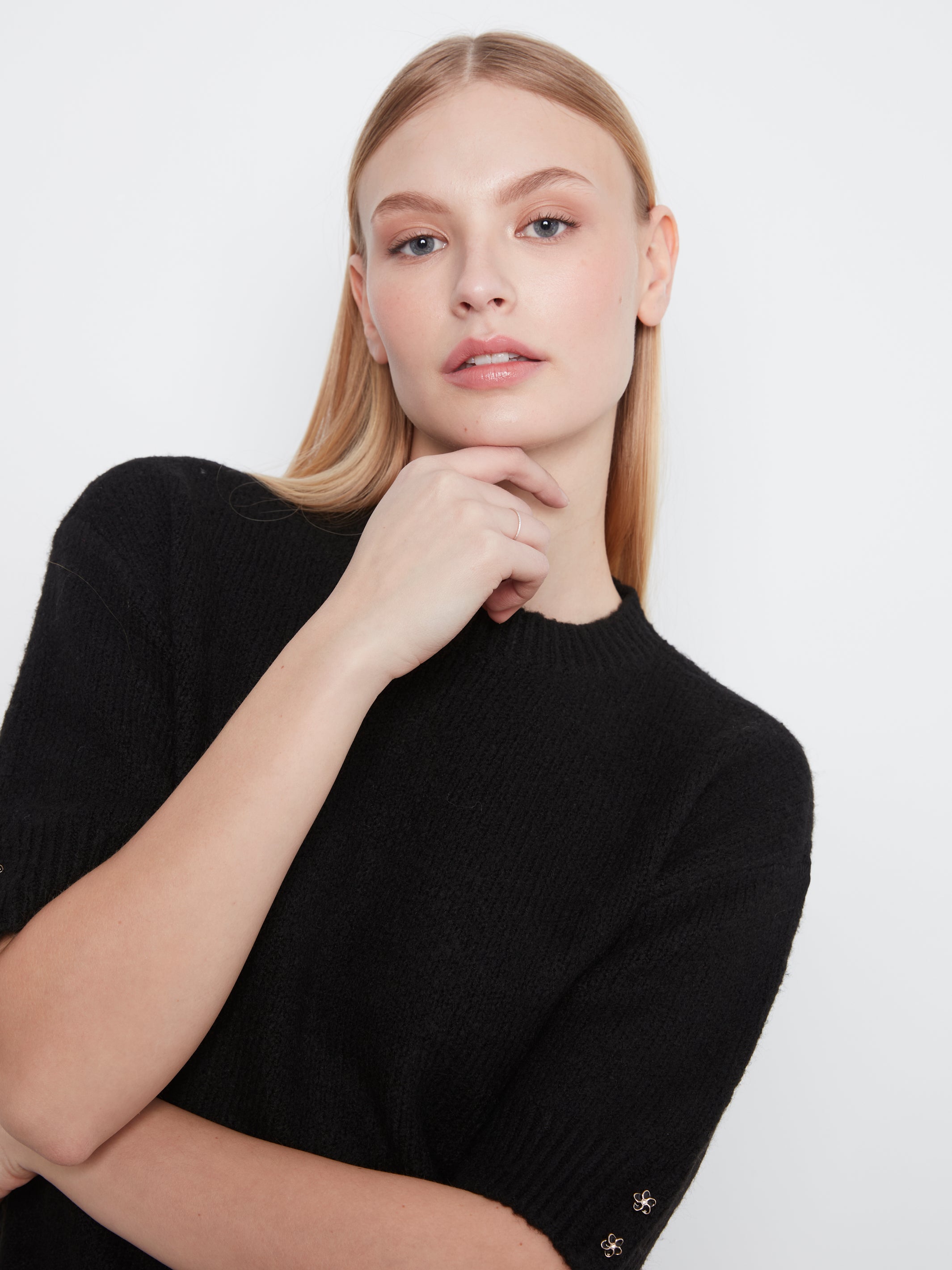Elbow Sleeve Mock Neck Sweater with Button Detail