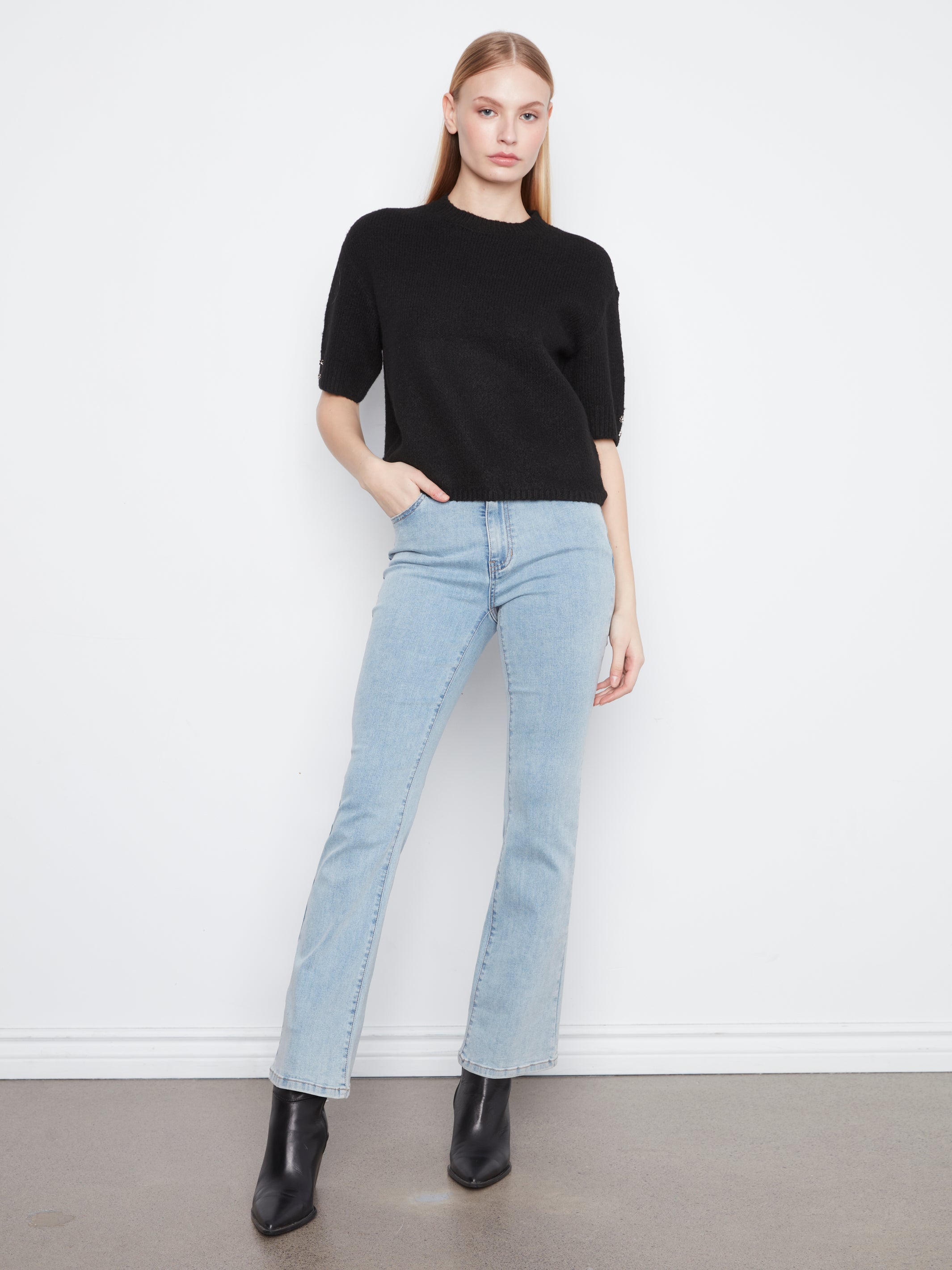 Elbow Sleeve Mock Neck Sweater with Button Detail