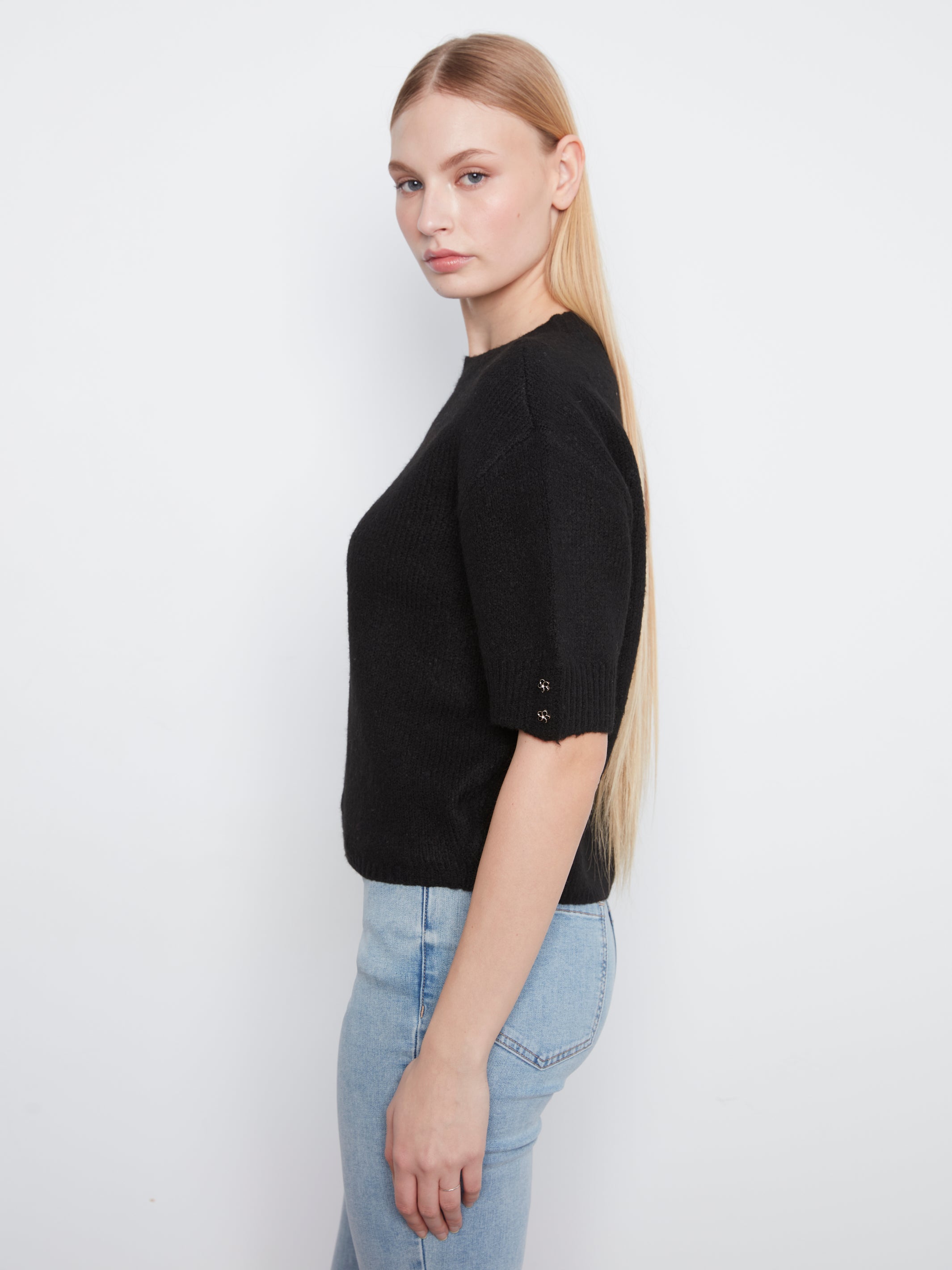 Elbow Sleeve Mock Neck Sweater with Button Detail