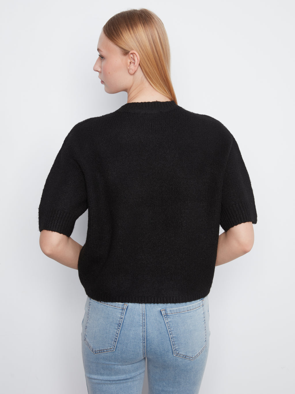 Elbow Sleeve Mock Neck Sweater with Button Detail