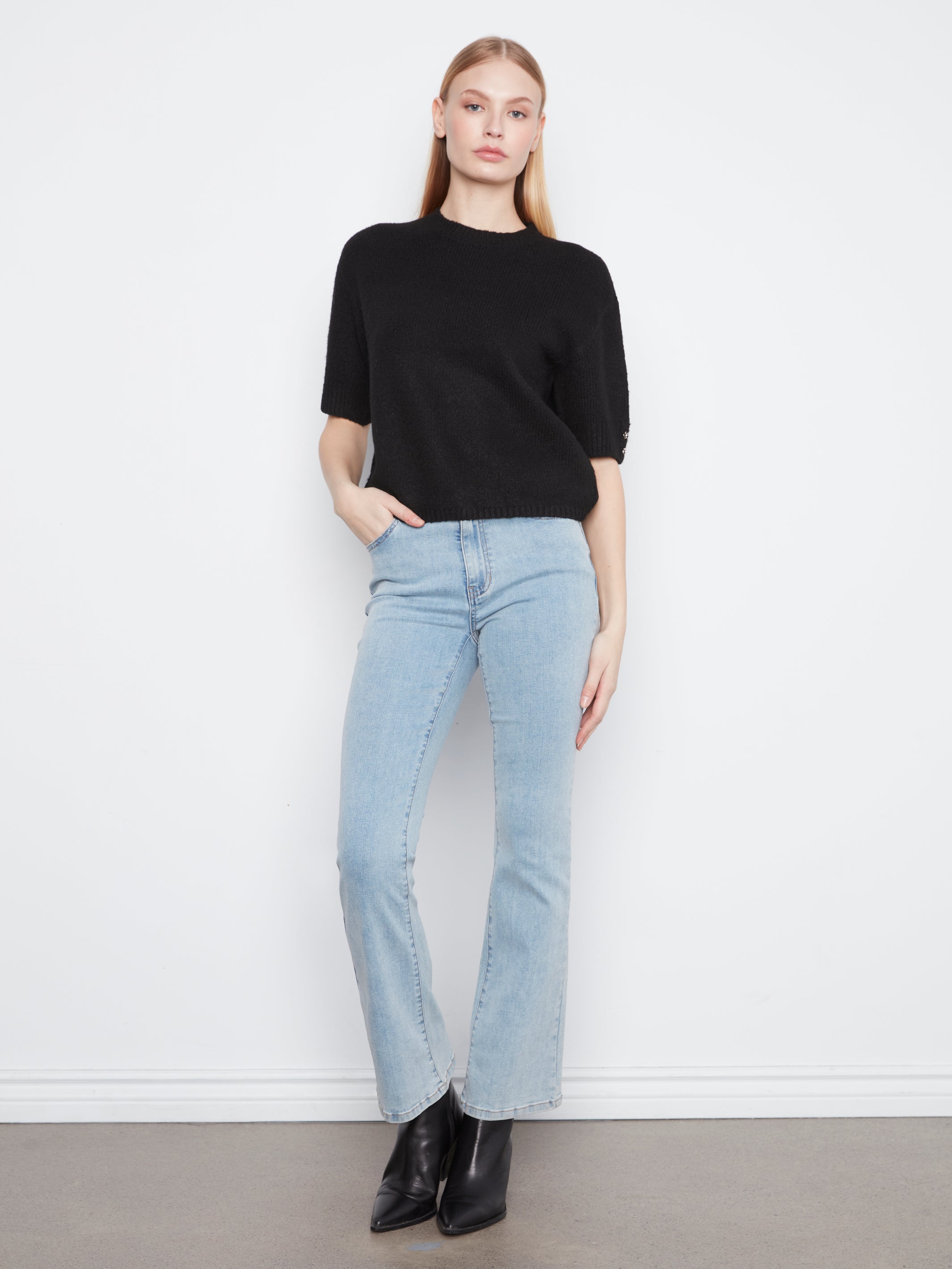 Elbow Sleeve Mock Neck Sweater with Button Detail