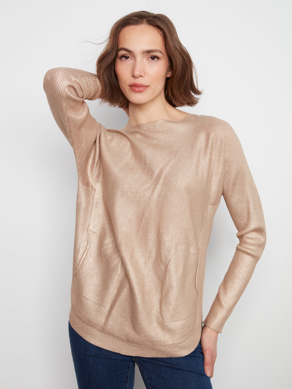 Foiled Knit Sweater with Back Lace-Up Detail