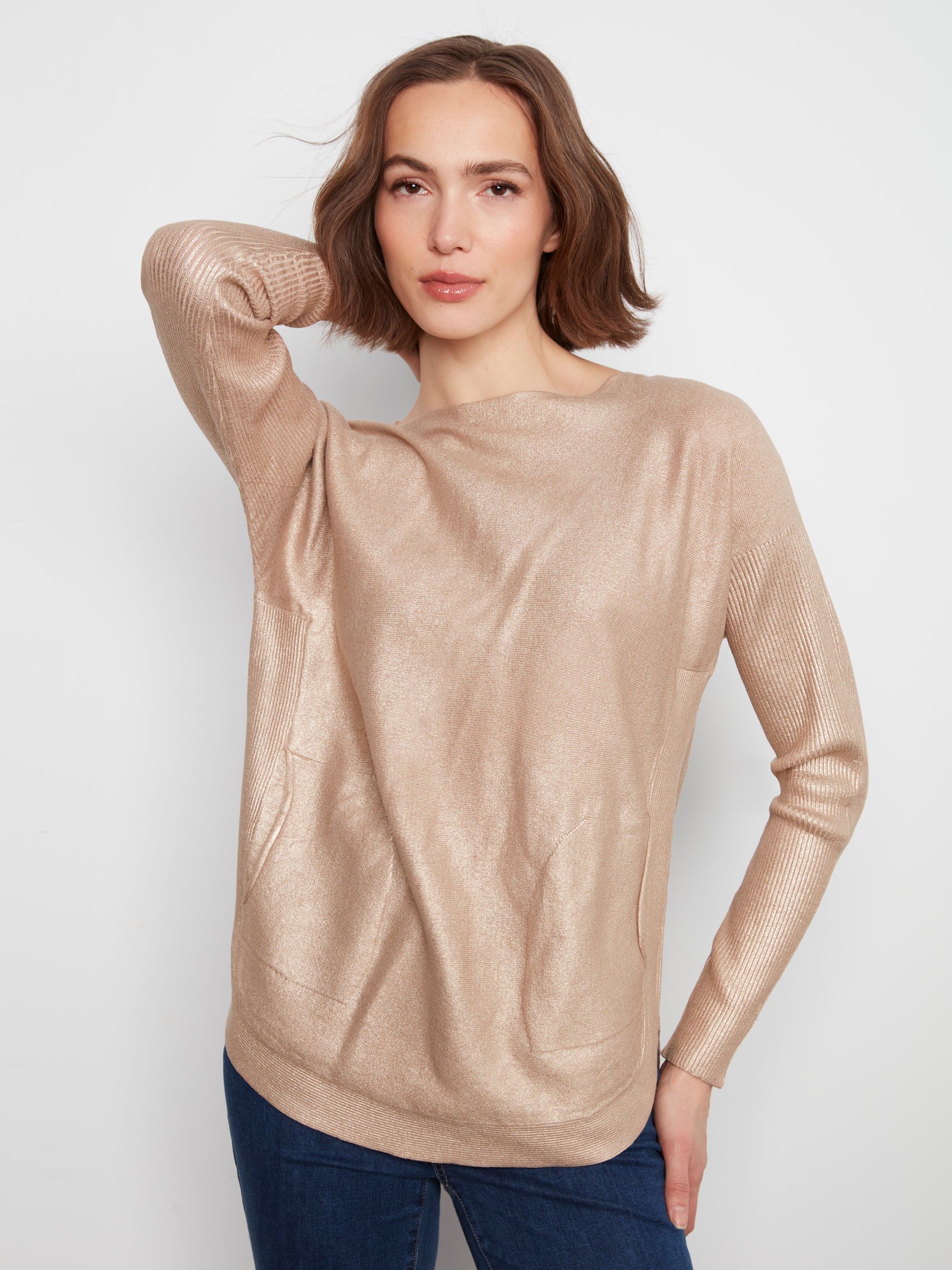Foiled Knit Sweater with Back Lace-Up Detail