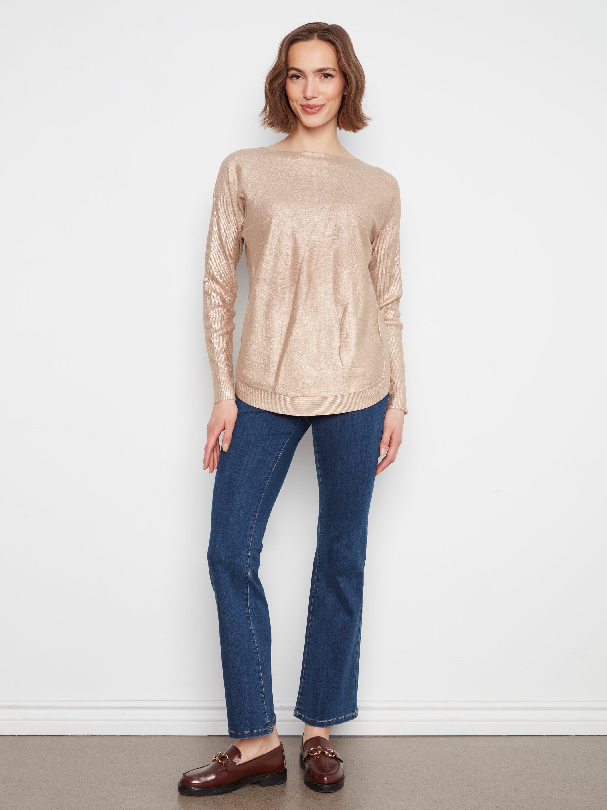 Foiled Knit Sweater with Back Lace-Up Detail