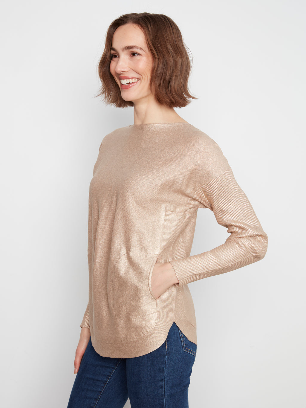 Foiled Knit Sweater with Back Lace-Up Detail