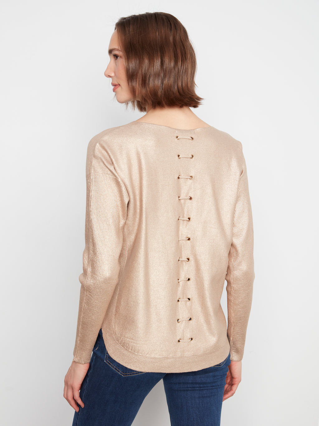 Foiled Knit Sweater with Back Lace-Up Detail
