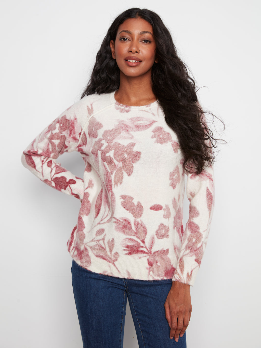 Reversible Printed Raglan Long Sleeve Crew Neck Sweater