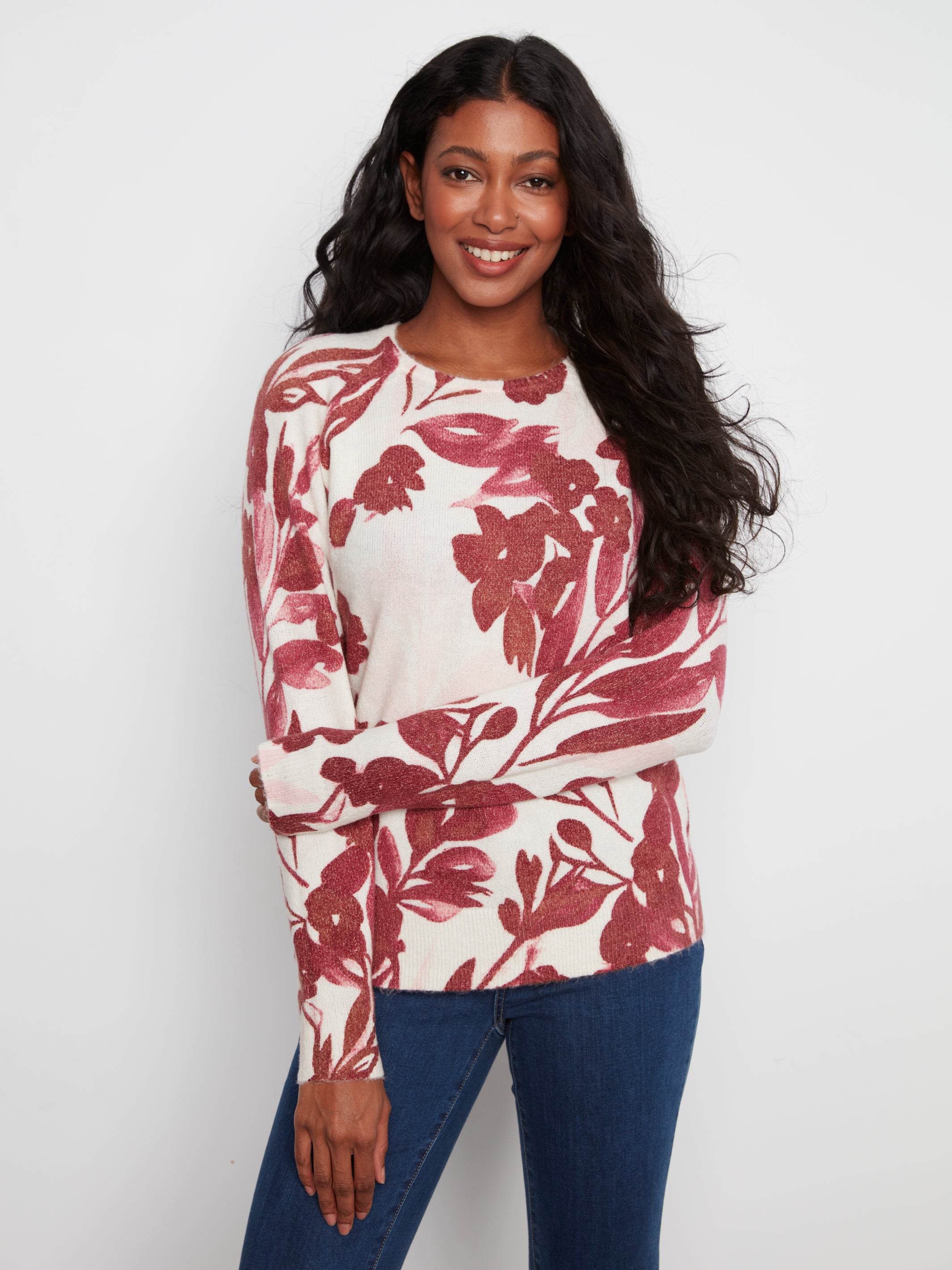 Reversible Printed Raglan Long Sleeve Crew Neck Sweater