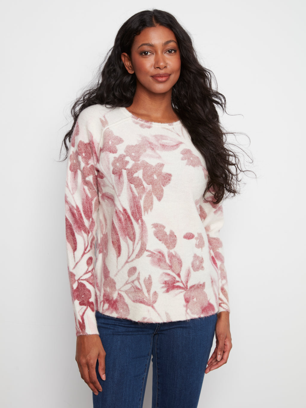 Reversible Printed Raglan Long Sleeve Crew Neck Sweater