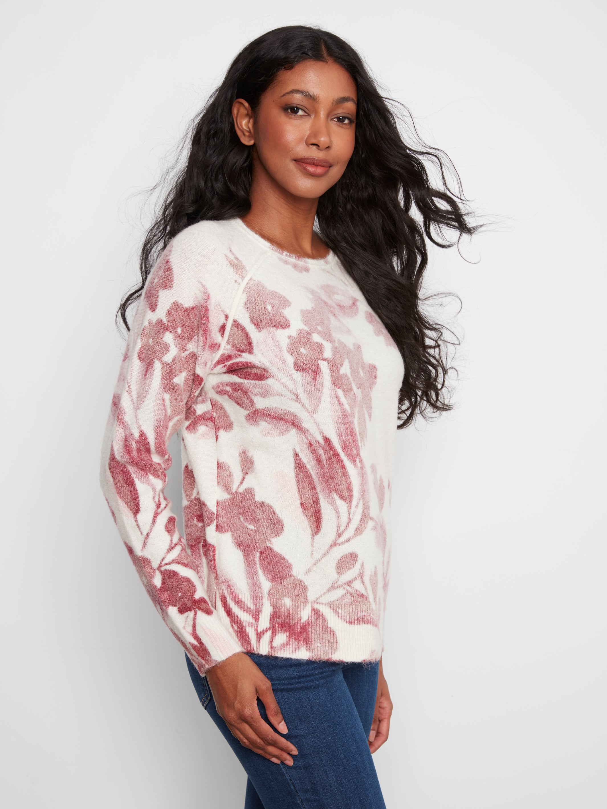 Reversible Printed Raglan Long Sleeve Crew Neck Sweater
