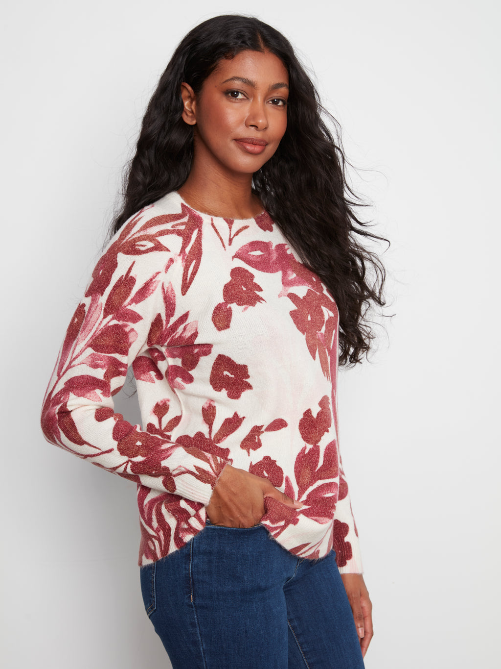 Reversible Printed Raglan Long Sleeve Crew Neck Sweater