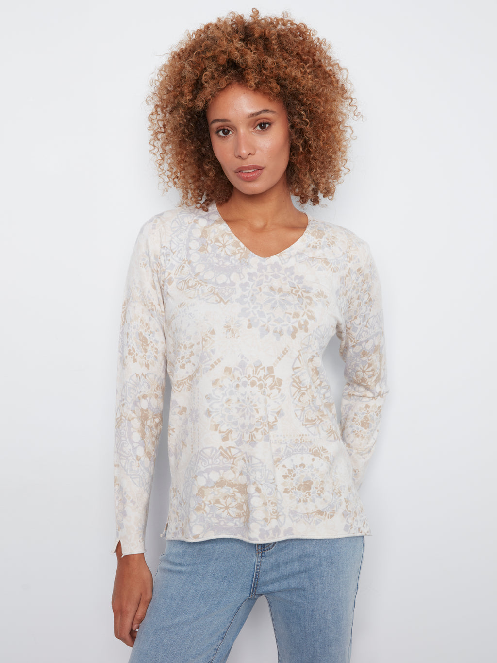 Printed Long Sleeve V Neck Sweater