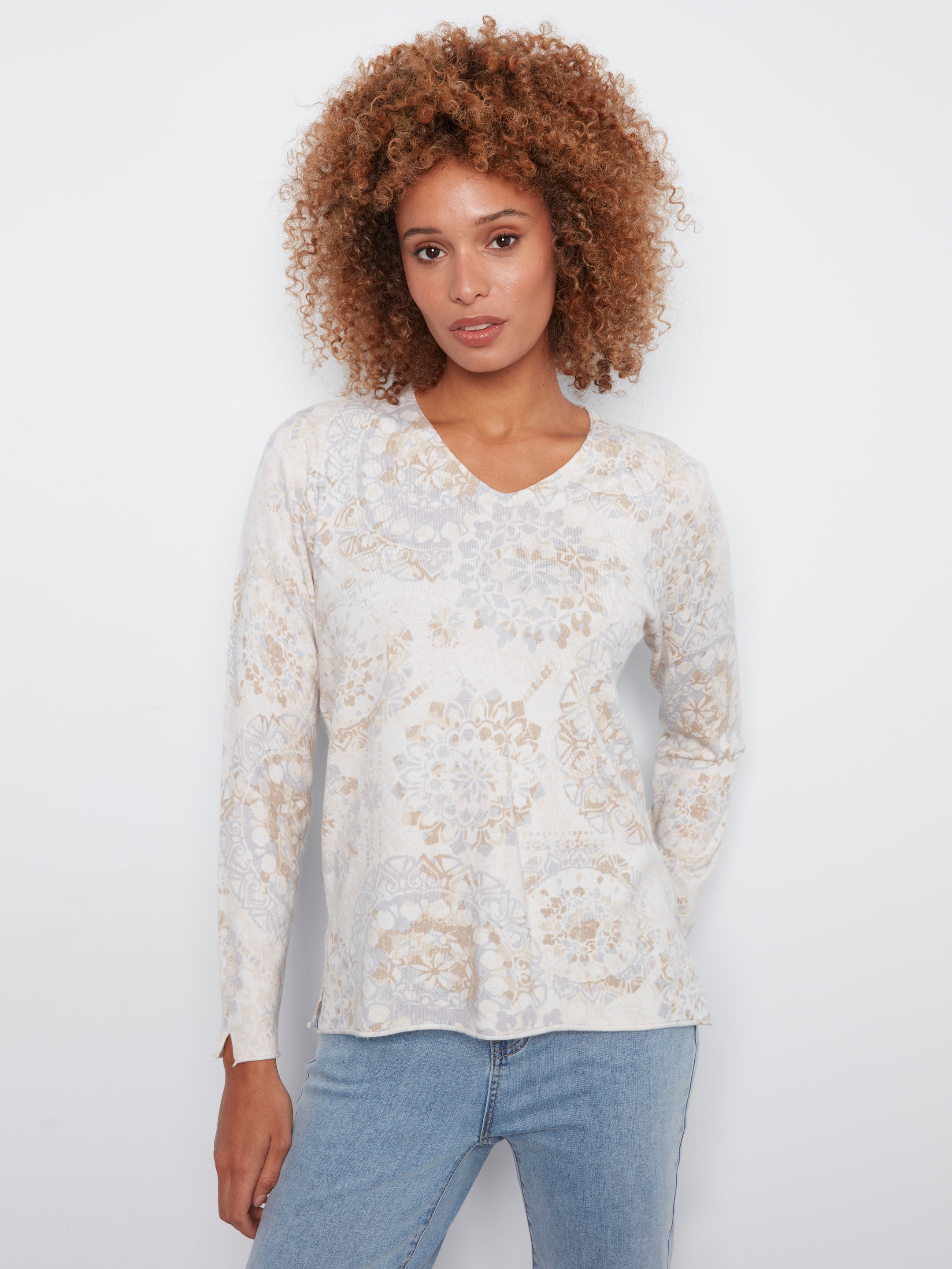Printed Long Sleeve V Neck Sweater