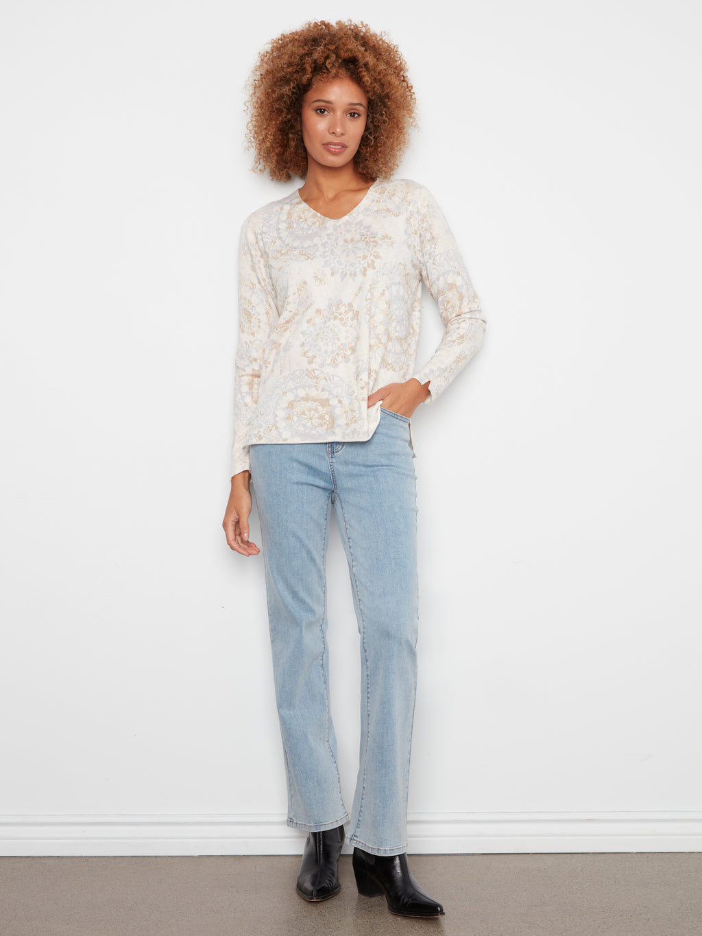 Printed Long Sleeve V Neck Sweater