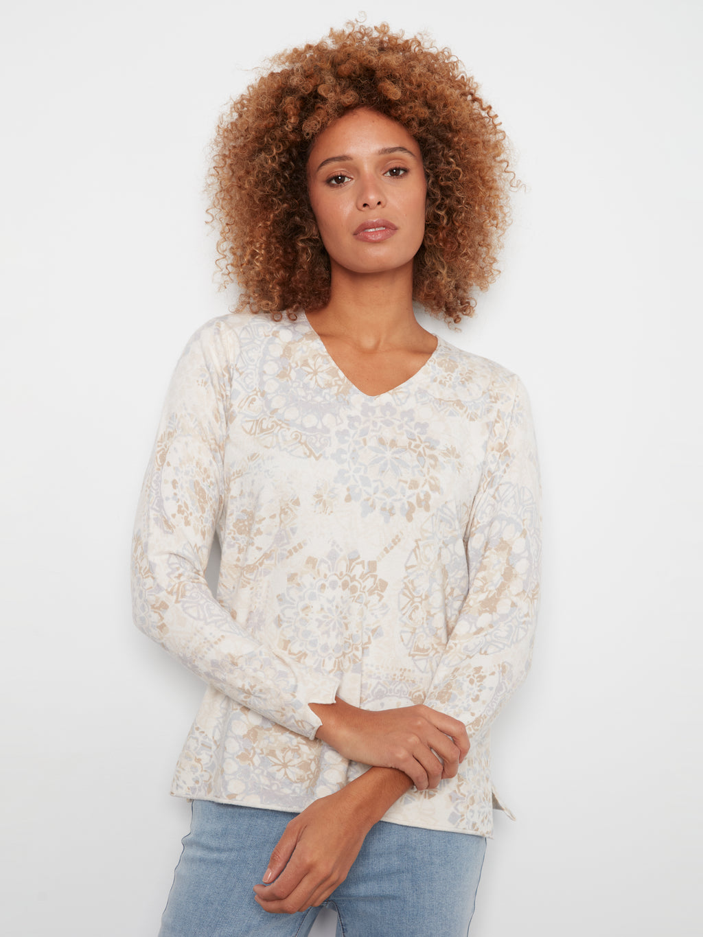 Printed Long Sleeve V Neck Sweater