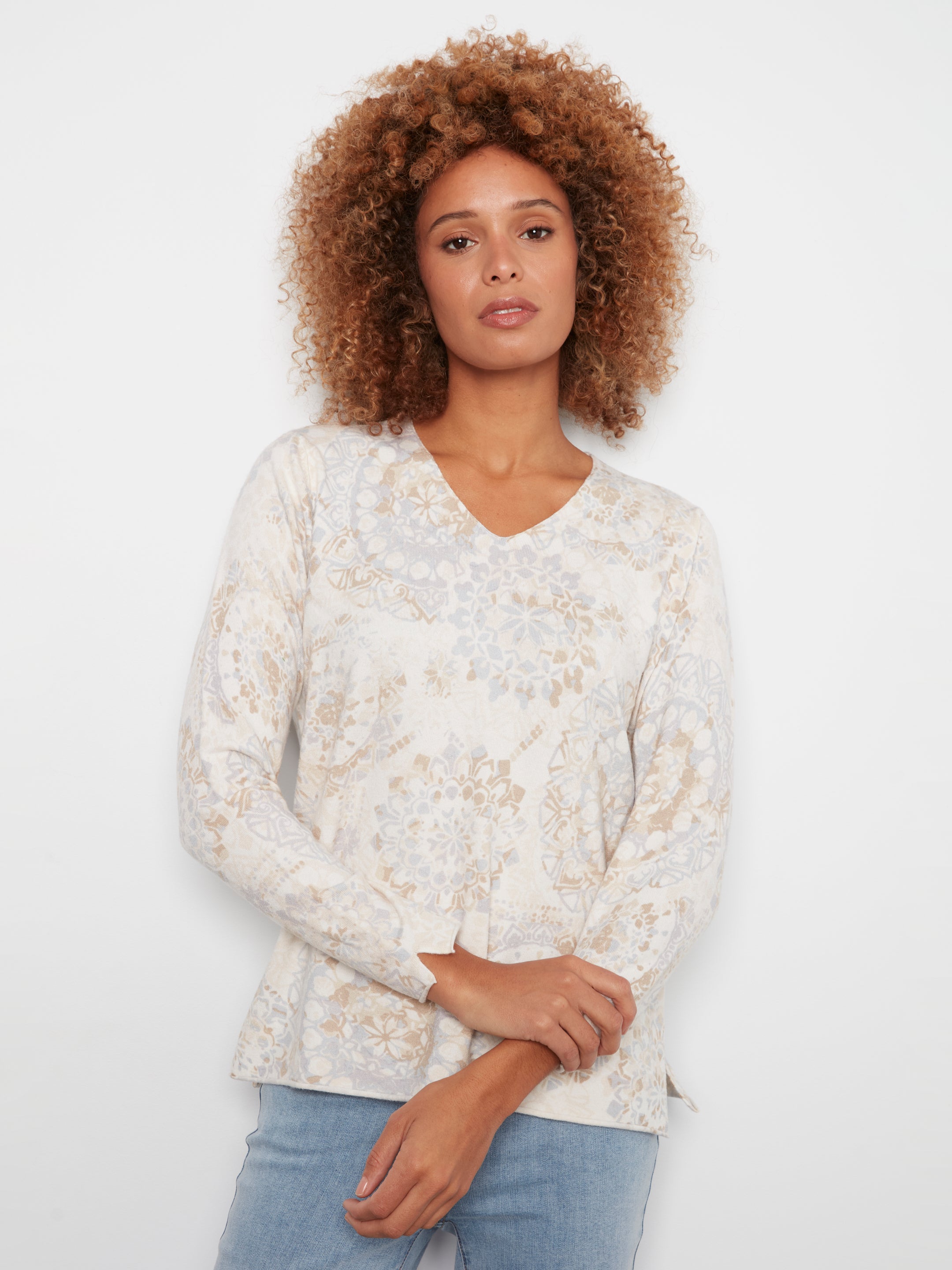 Printed Long Sleeve V Neck Sweater