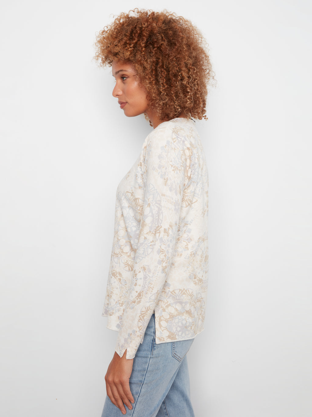 Printed Long Sleeve V Neck Sweater