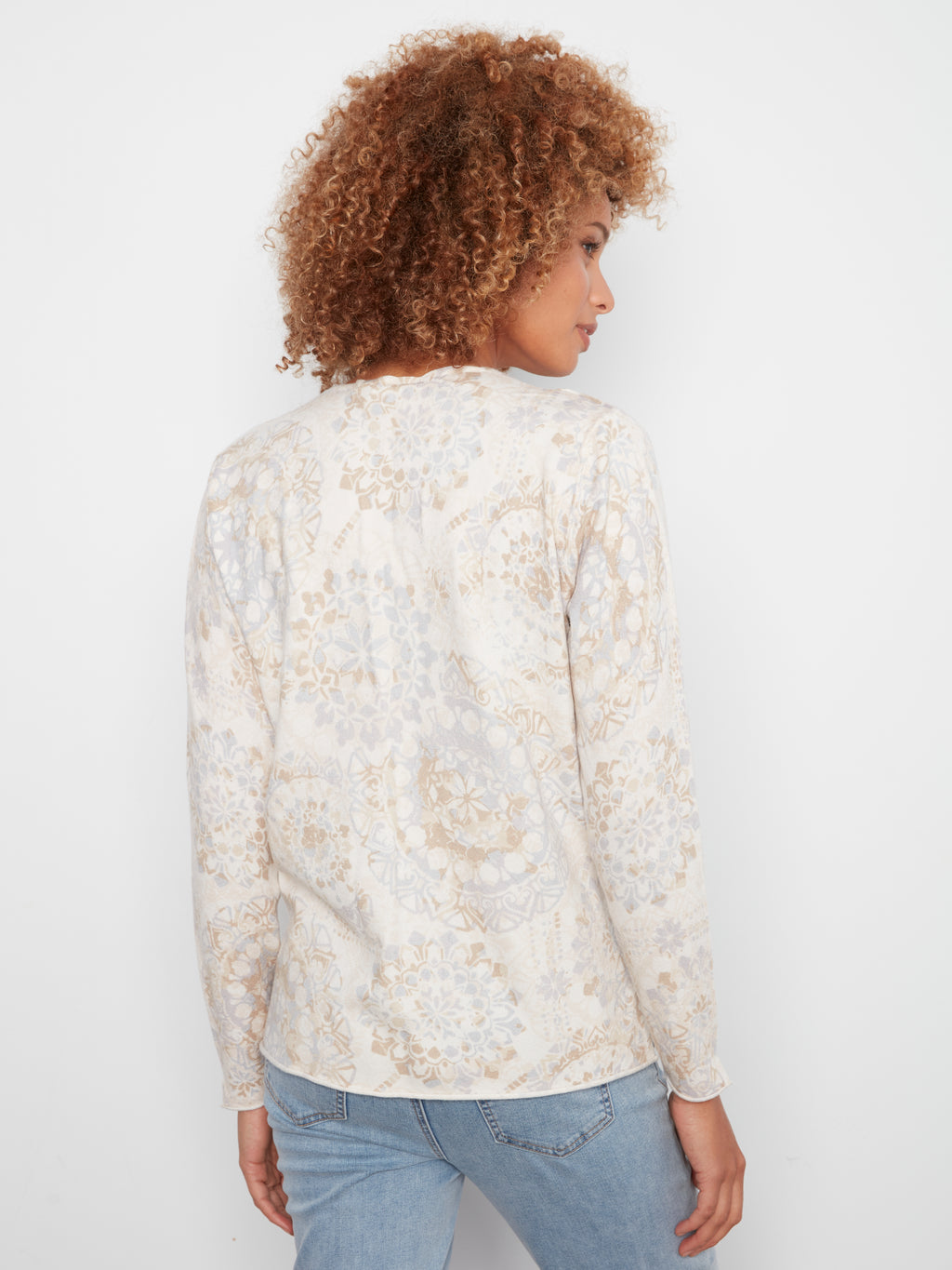 Printed Long Sleeve V Neck Sweater