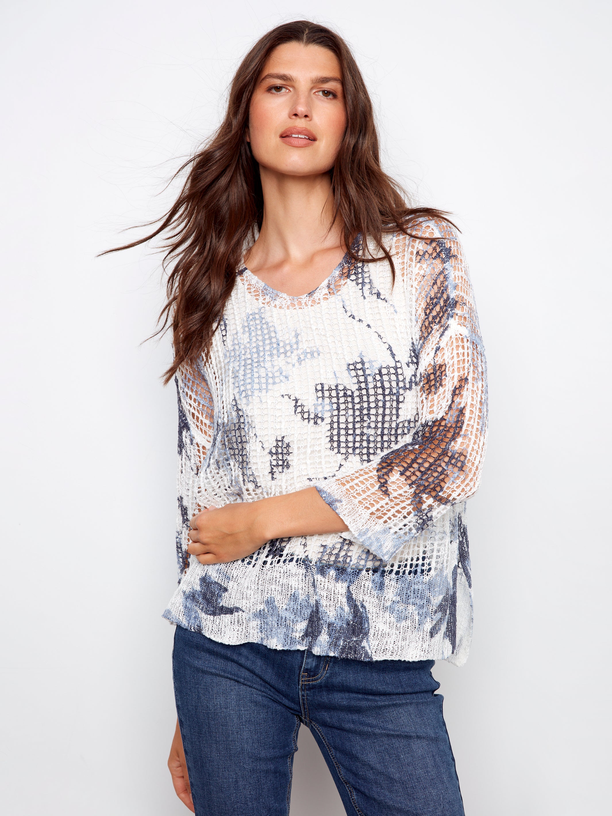 Printed 3/4 Sleeve Fishnet Crochet Sweater