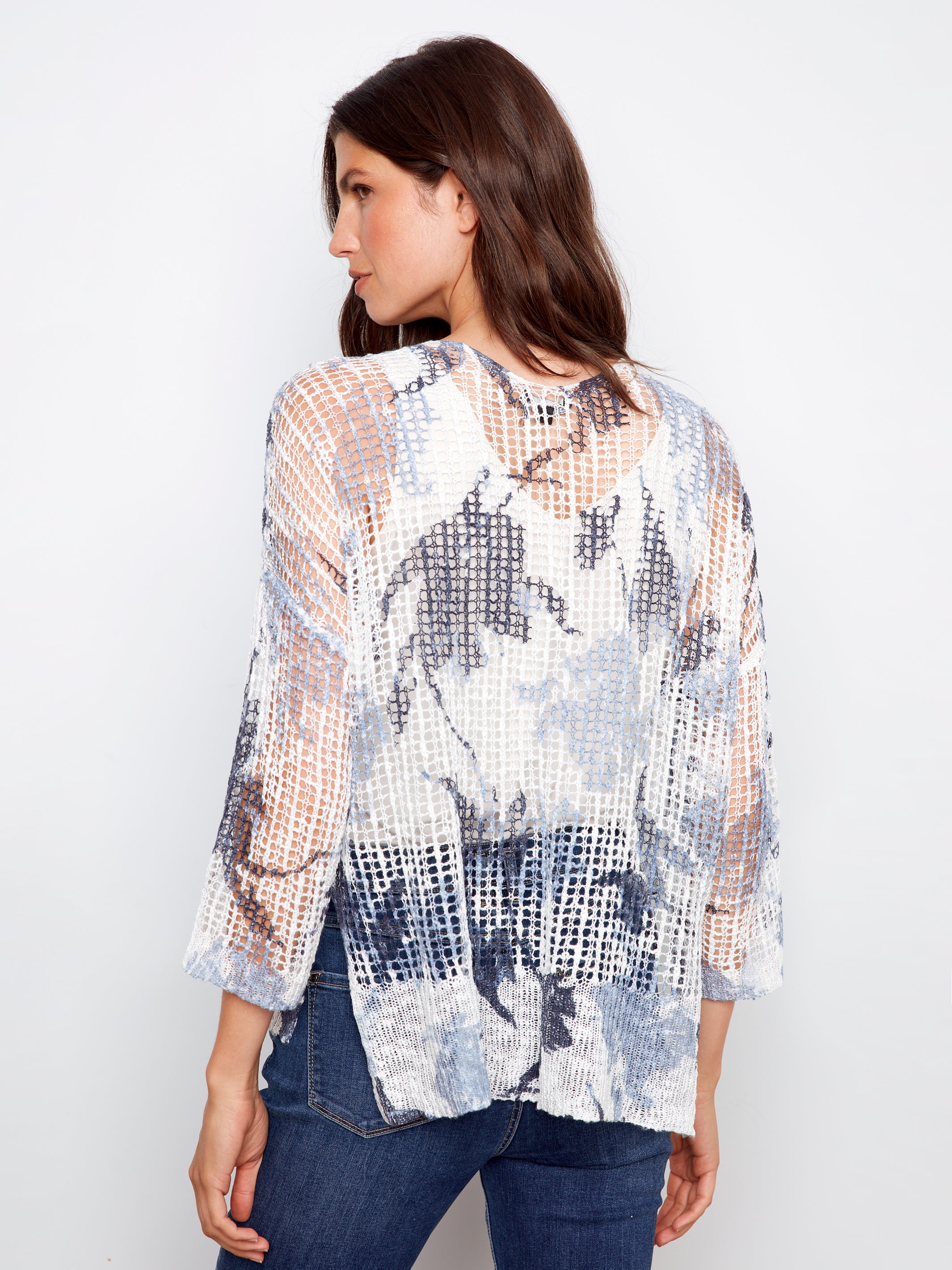 Printed 3/4 Sleeve Fishnet Crochet Sweater