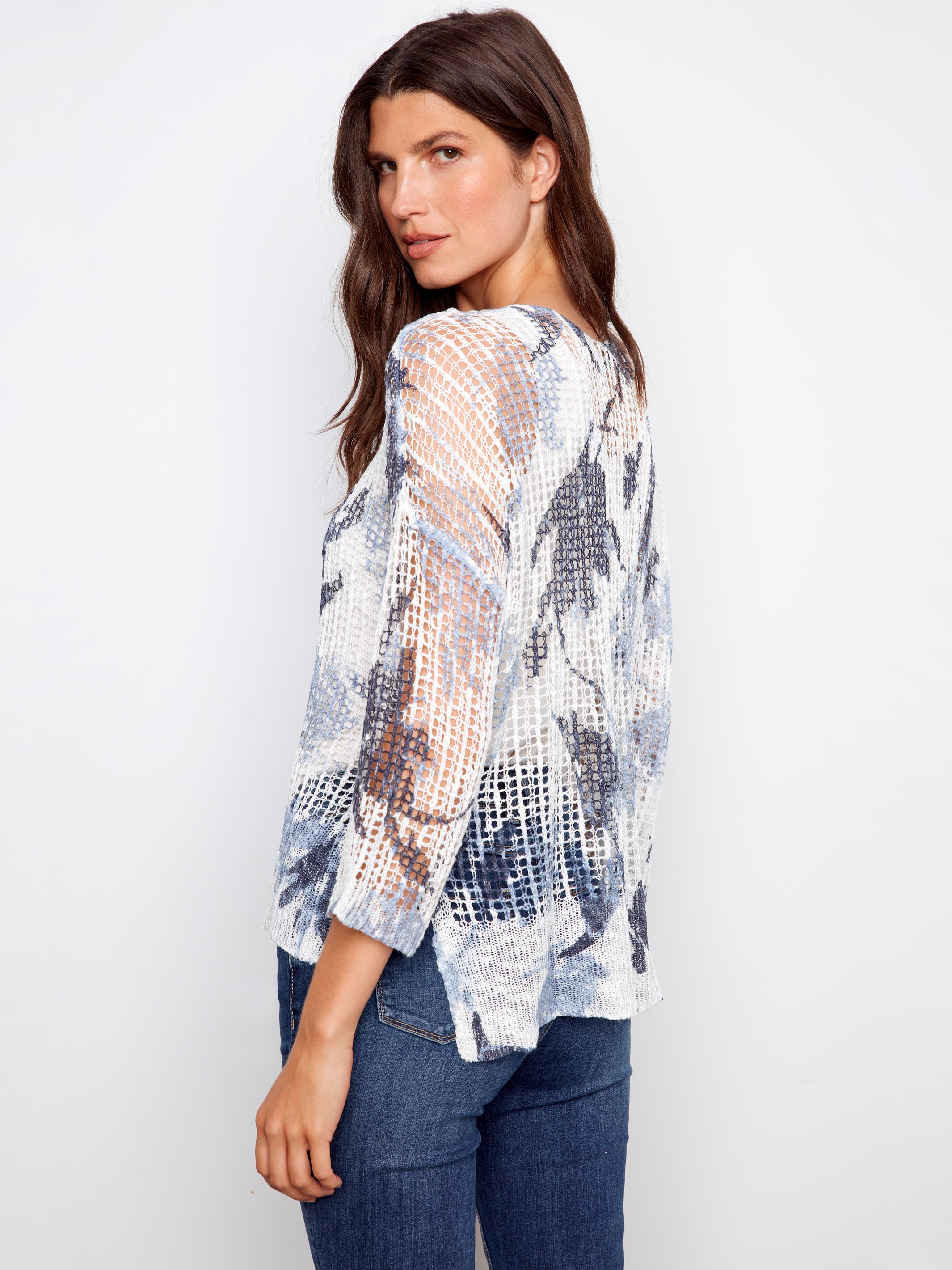 Printed 3/4 Sleeve Fishnet Crochet Sweater