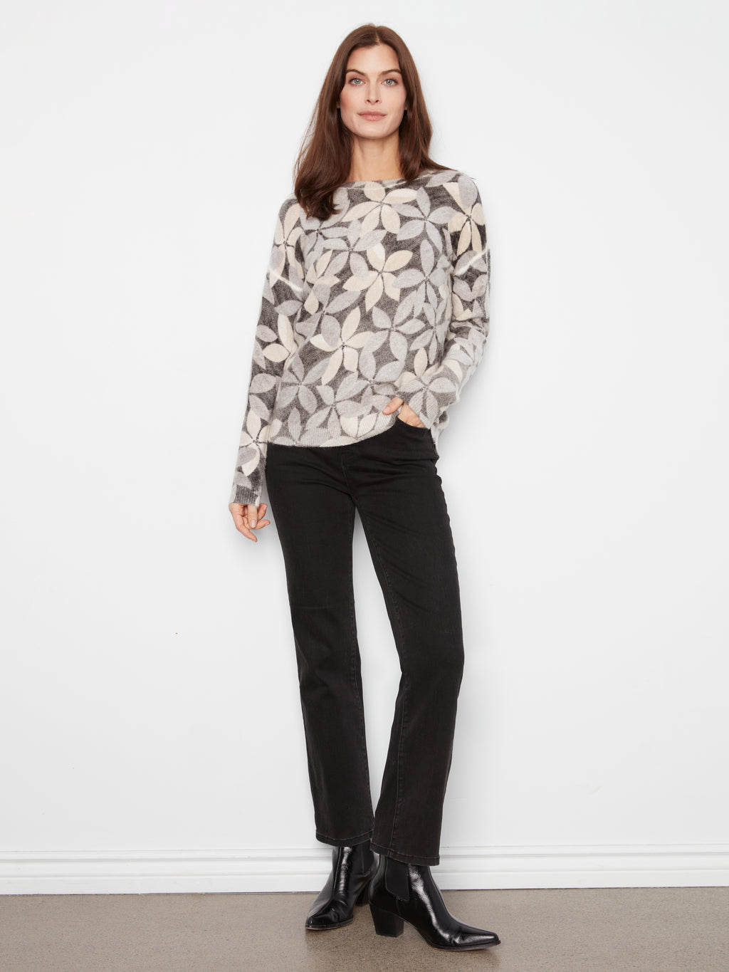 Drop Shoulder Crew Neck Printed Reversible Sweater