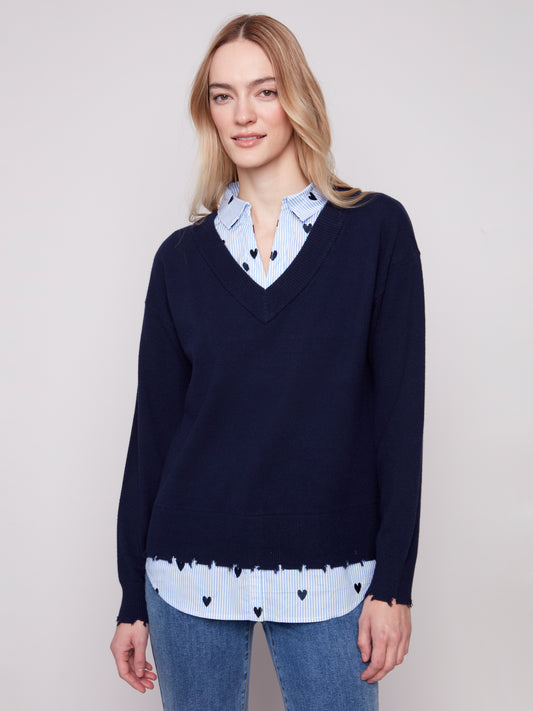 V-Neck Fooler Sweater With Embroidered Shirt Collar