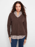 V-Neck Fooler Sweater with Embroidered Shirt Collar
