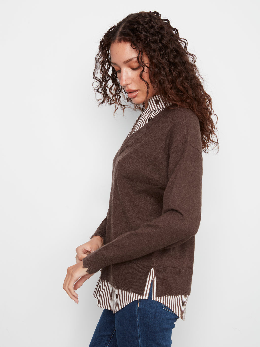 V-Neck Fooler Sweater with Embroidered Shirt Collar