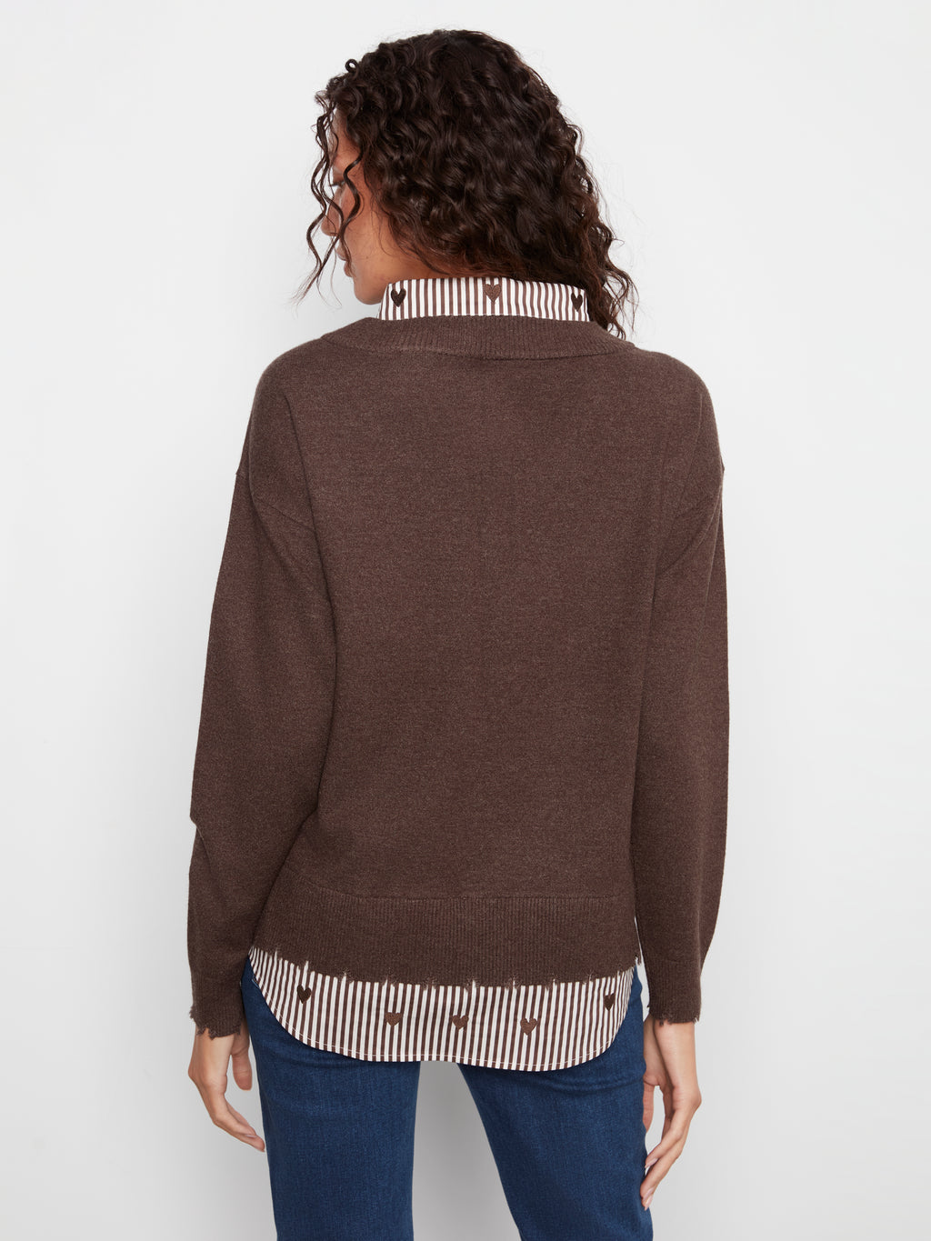 V-Neck Fooler Sweater with Embroidered Shirt Collar