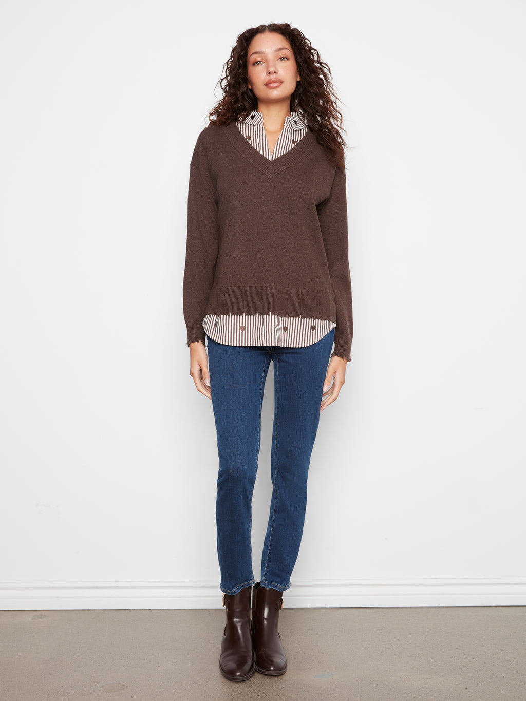 V-Neck Fooler Sweater with Embroidered Shirt Collar