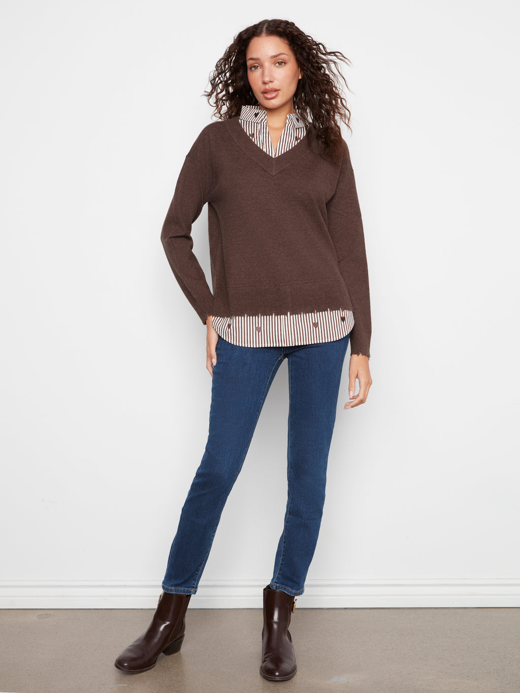 V-Neck Fooler Sweater with Embroidered Shirt Collar