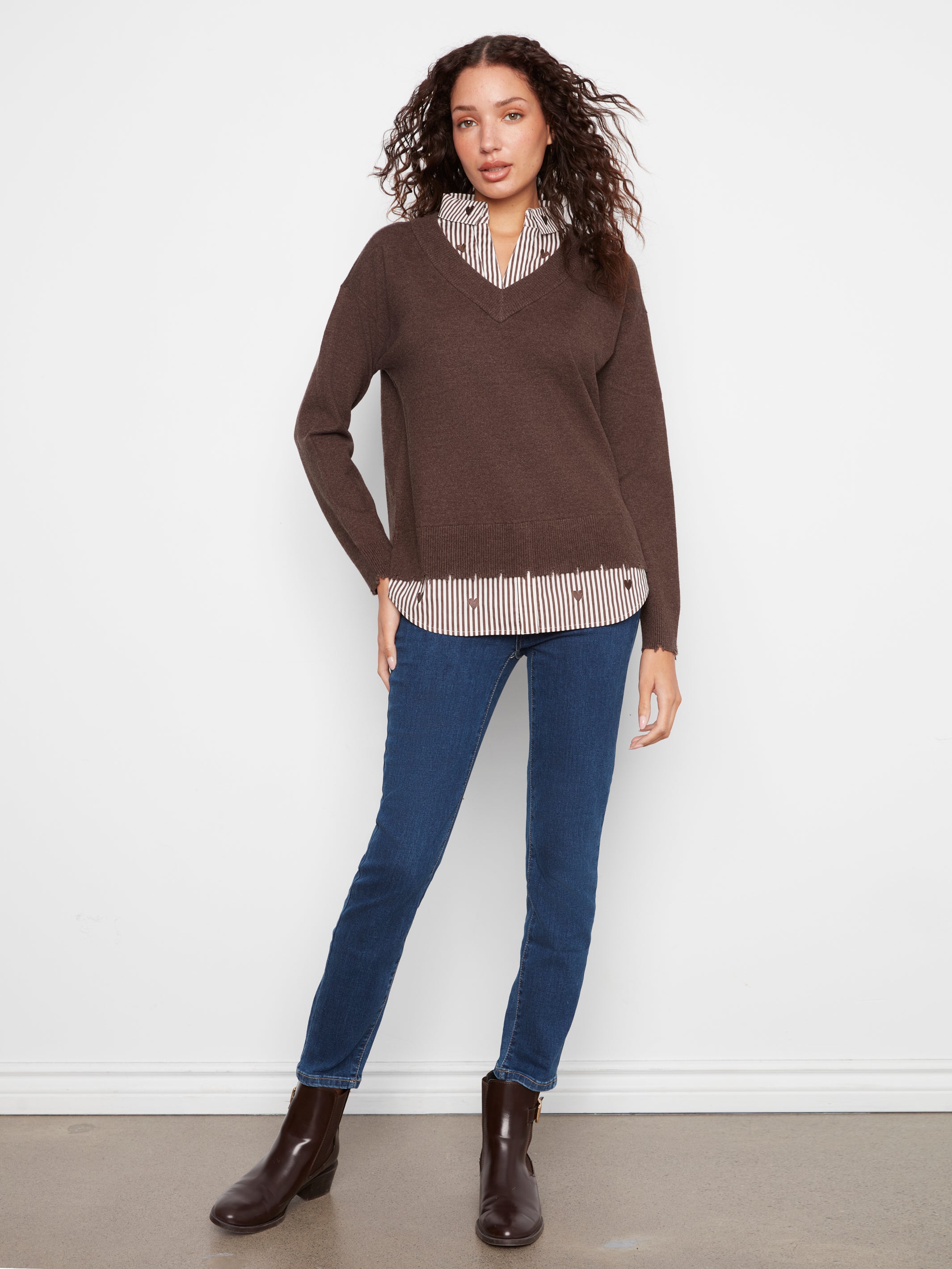 V-Neck Fooler Sweater with Embroidered Shirt Collar