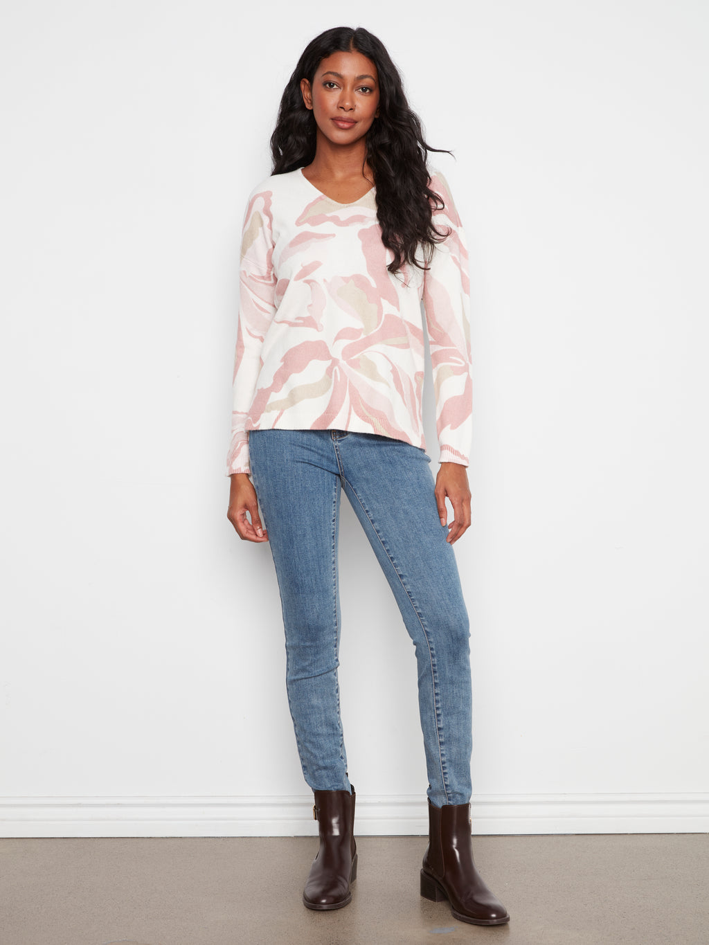 Printed Plush Knit V-Neck Sweater