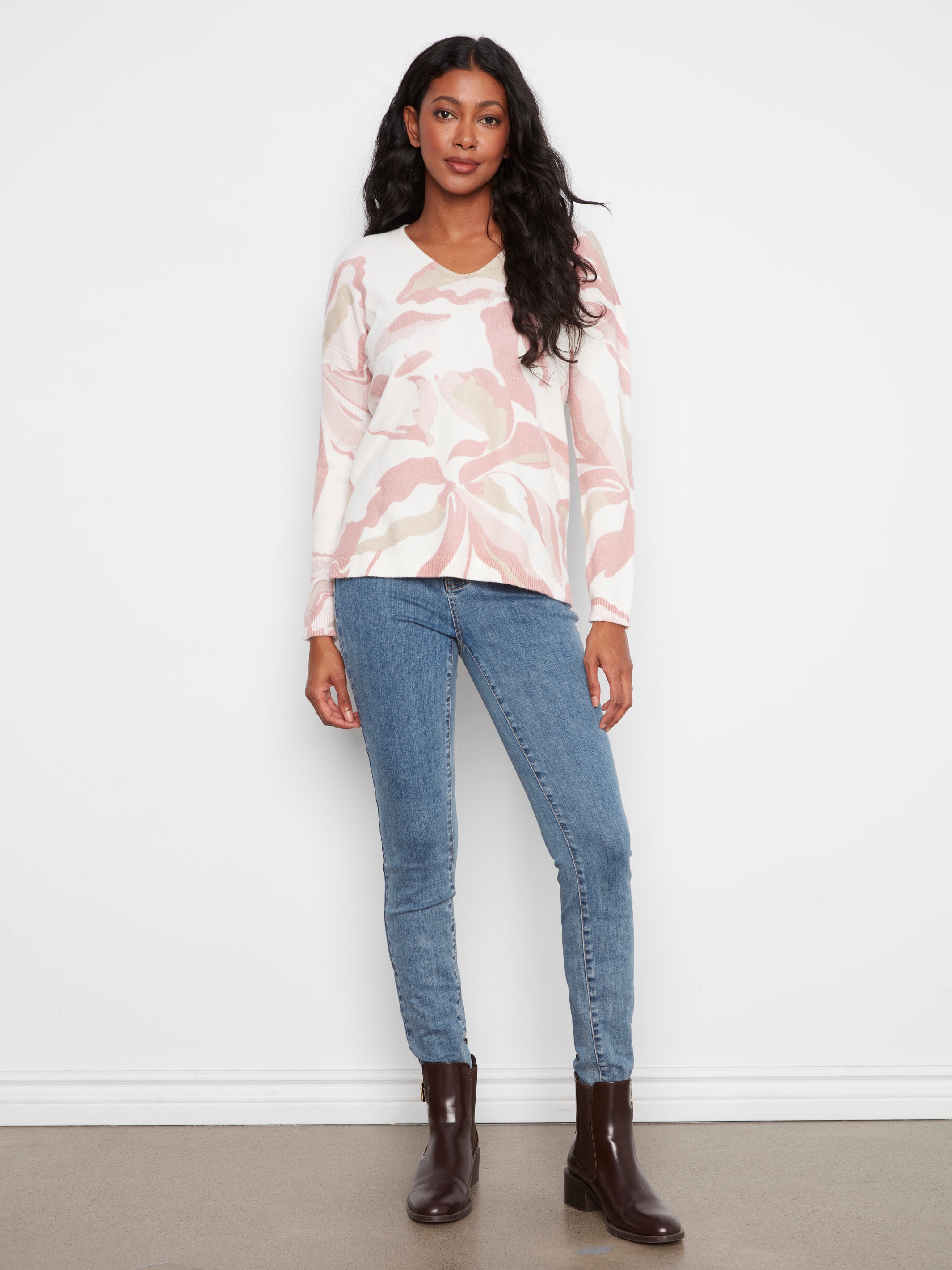 Printed Plush Knit V-Neck Sweater