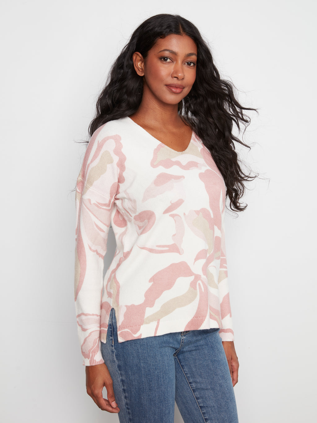 Printed Plush Knit V-Neck Sweater