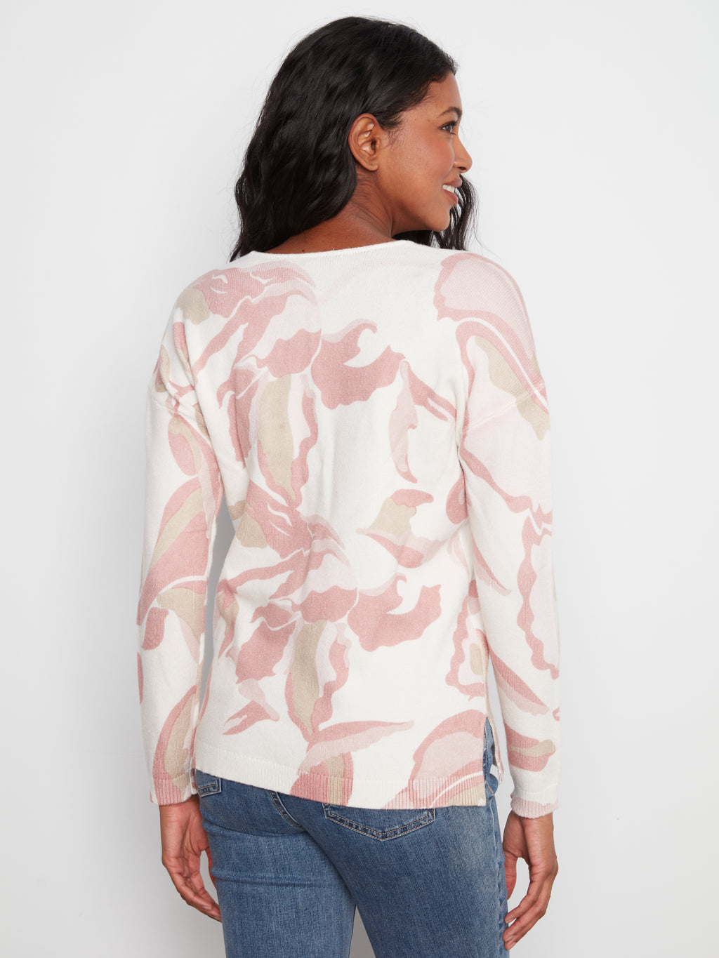 Printed Plush Knit V-Neck Sweater