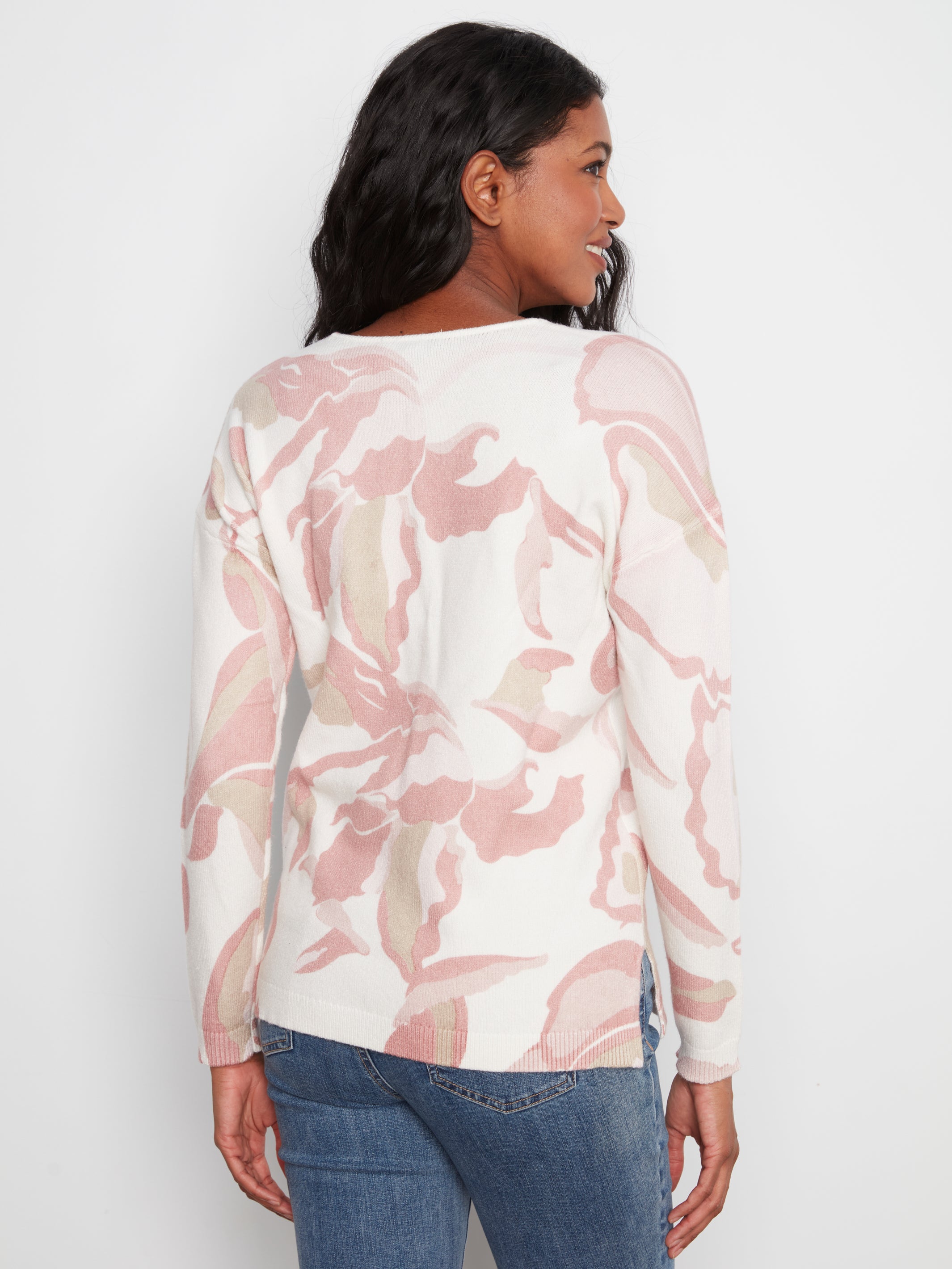 Printed Plush Knit V-Neck Sweater