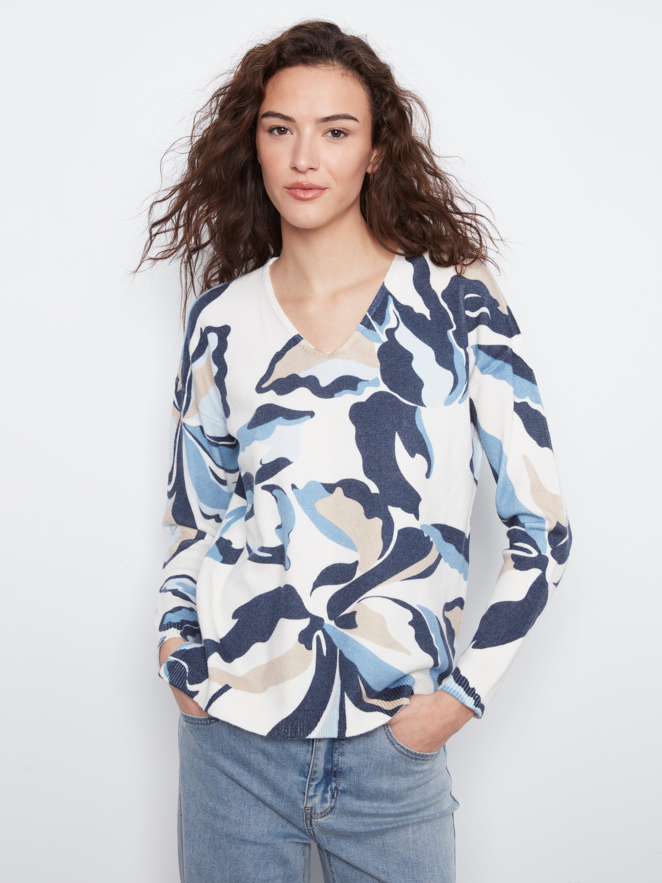 Printed Plush Knit V-Neck Sweater