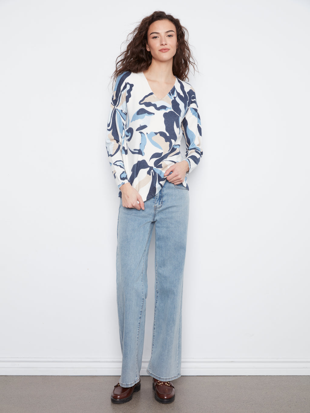 Printed Plush Knit V-Neck Sweater