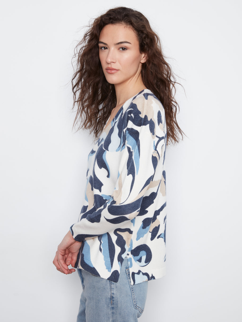 Printed Plush Knit V-Neck Sweater