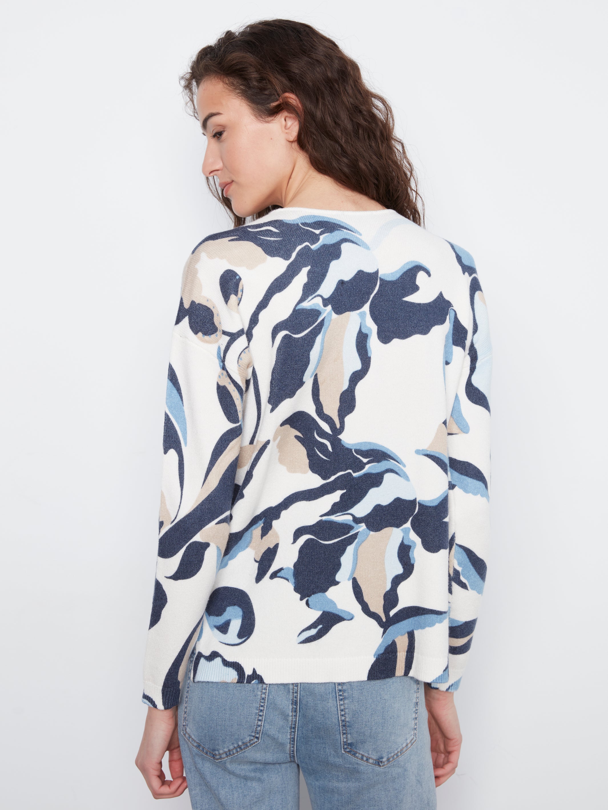 Printed Plush Knit V-Neck Sweater