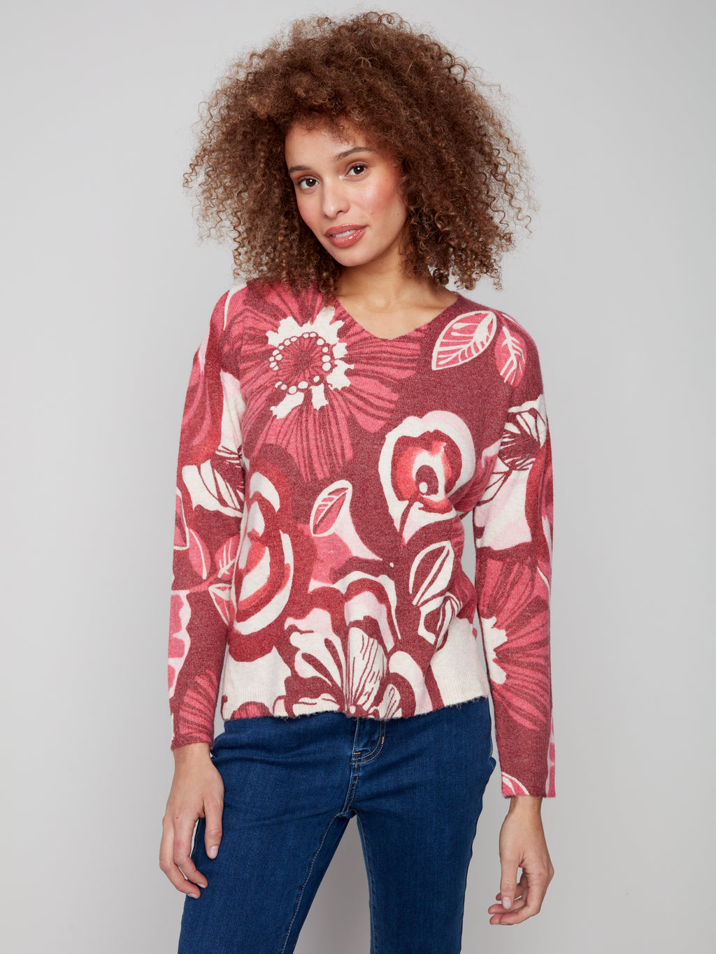 Printed Plush Knit V-Neck Sweater