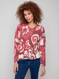 Printed Plush Knit V-Neck Sweater
