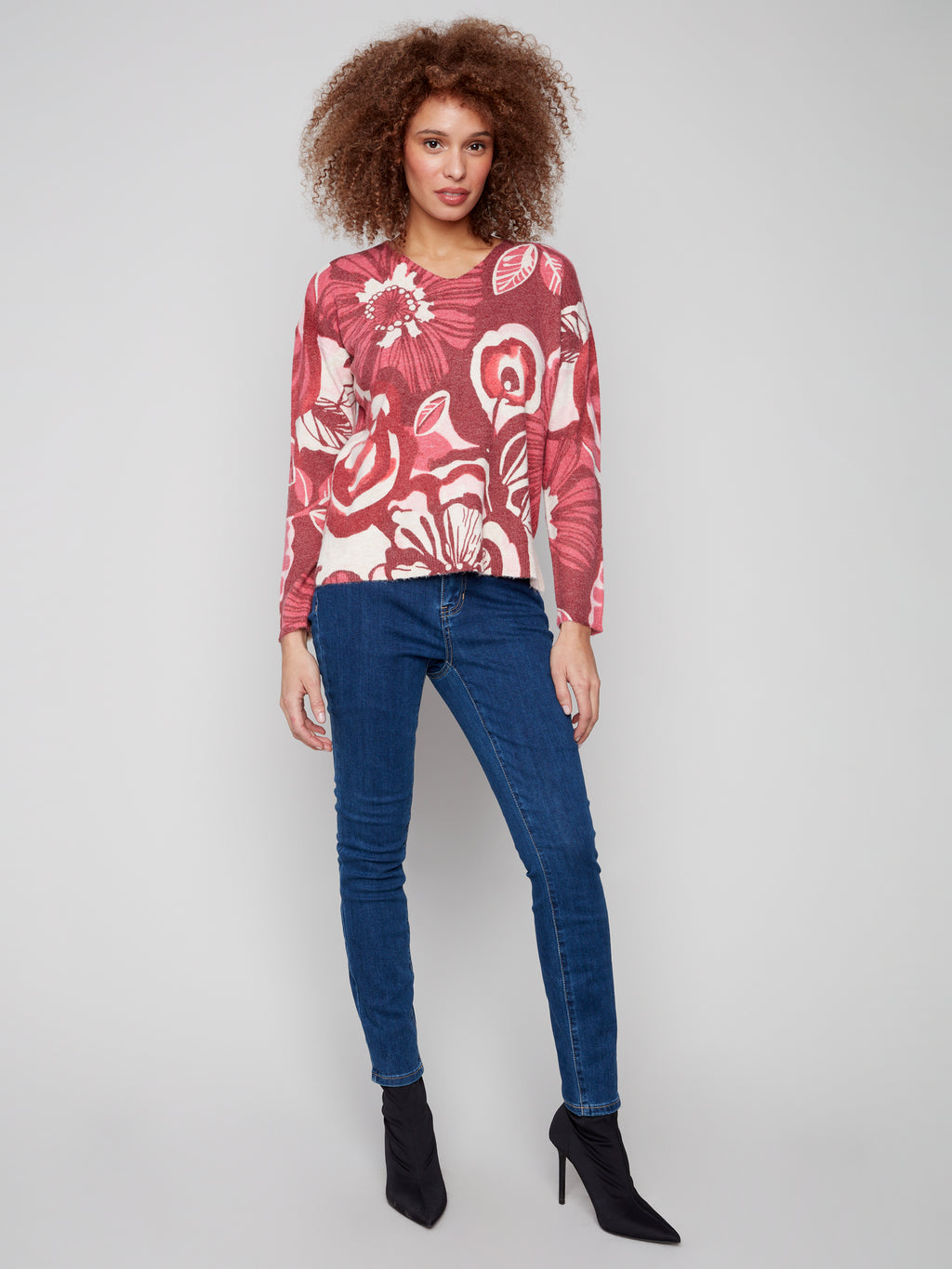Printed Plush Knit V-Neck Sweater