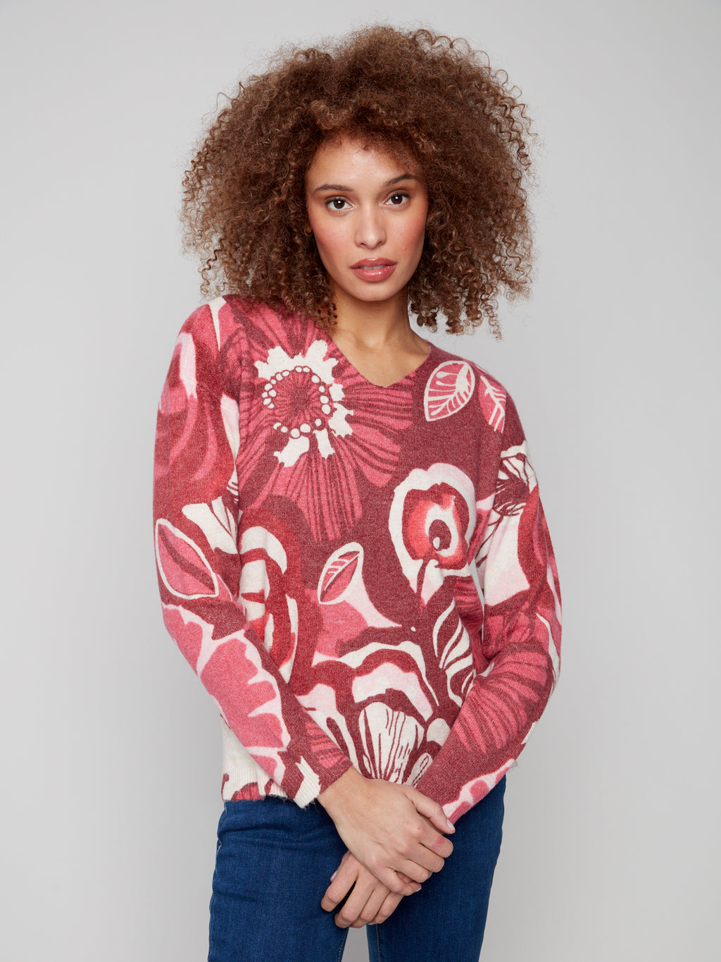 Printed Plush Knit V-Neck Sweater